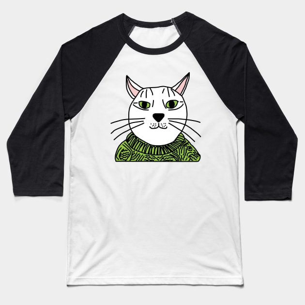 Portrait of Green Sweater Cat Baseball T-Shirt by ellenhenryart